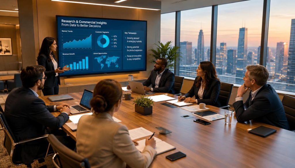 A contemporary office setting with a large conference table in the foreground, surrounded by professionals in business attire engaged in a strategic discussion. The middle ground features a digital screen displaying graphs and data visualizations related to research and commercial decision-making, illuminated by soft, warm lighting to create an inviting atmosphere. In the background, large windows reveal a city skyline, adding a sense of ambition and progress. The focus is on expressions of determination and innovation among the team members, encapsulating the essence of collaborative decision-making. The camera angle is slightly elevated, providing a comprehensive view of the scene, enhancing the sense of depth and activity in the workspace.
