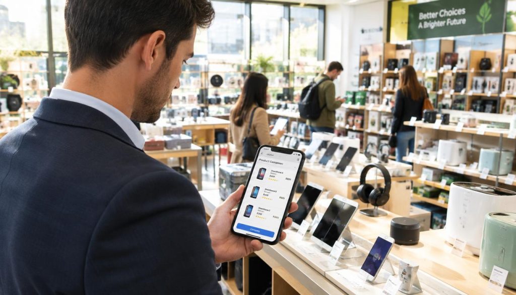 A focused customer, dressed in professional business attire, examines various consumer products in a vibrant retail environment. In the foreground, the individual holds a smartphone displaying a comparison app, attentively analyzing features and prices. In the middle ground, sleek product displays showcase a range of items, from electronics to household goods, arranged neatly on well-lit shelves. The background features other shoppers engaged in similar evaluations, creating a bustling yet organized atmosphere. Soft natural light streams in through large windows, casting a warm glow over the scene, while the camera angle captures a slightly elevated perspective, allowing viewers to feel immersed in the shopping experience. The mood conveys determination and curiosity, emphasizing the importance of informed decision-making in consumer behavior research. A focused customer, dressed in professional business attire, examines various consumer products in a vibrant retail environment. In the foreground, the individual holds a smartphone displaying a comparison app, attentively analyzing features and prices. In the middle ground, sleek product displays showcase a range of items, from electronics to household goods, arranged neatly on well-lit shelves. The background features other shoppers engaged in similar evaluations, creating a bustling yet organized atmosphere. Soft natural light streams in through large windows, casting a warm glow over the scene, while the camera angle captures a slightly elevated perspective, allowing viewers to feel immersed in the shopping experience. The mood conveys determination and curiosity, emphasizing the importance of informed decision-making in consumer behavior research.