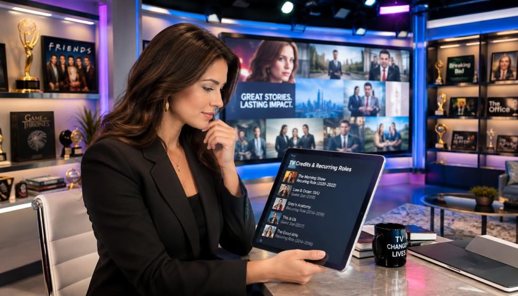 A visually engaging image set in a modern, sleek television studio environment. In the foreground, a professional woman in professional business attire is reviewing a digital tablet displaying a list of television credits and recurring roles, looking thoughtfully at the screen. The middle layer features a large LED screen behind her, showcasing dynamic visuals of scenes from various TV shows, with blurred plots and character highlights. The background includes creative elements like colorful studio lights and shelves adorned with awards and memorabilia from famous television shows, contributing to an atmosphere of accomplishment and creativity. The lighting is bright and focused, casting soft shadows to evoke a professional yet welcoming mood, captured with a slightly elevated angle to give depth to the scene.